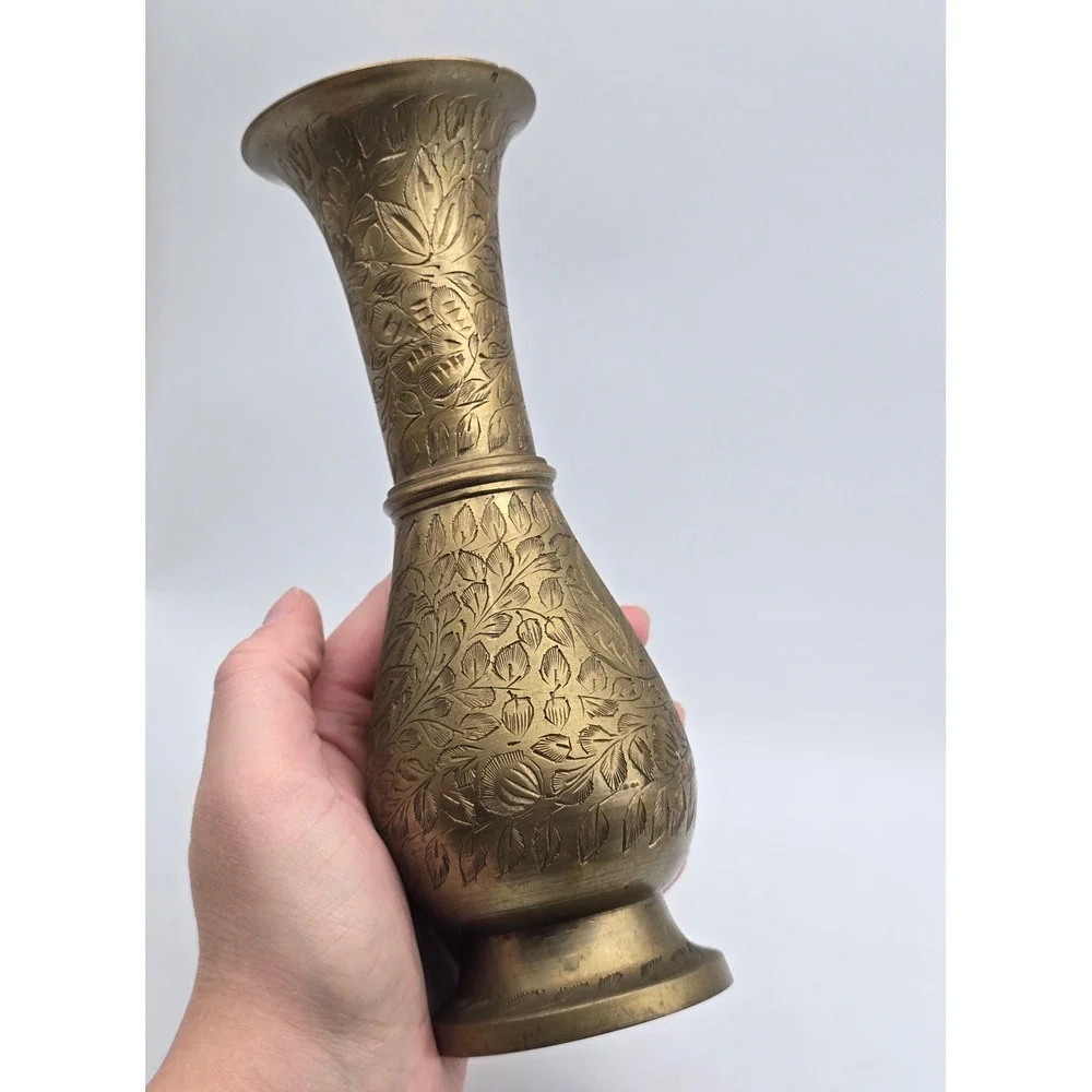 Vintage Etched Brass Vase Floral Hand Engraved Made in India 8.5 Inch Boho Decor